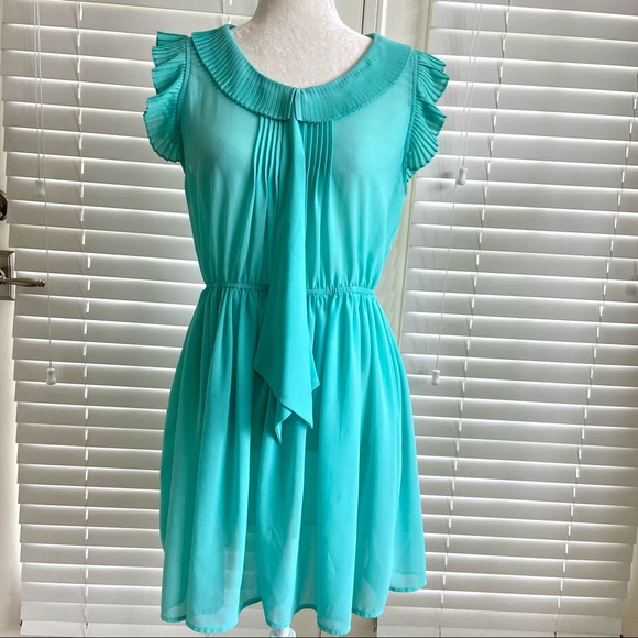 CIEL USA Large Teal Blue Dress Pleated W/ Tie Neck & Ruffle Flutter Sleeves - Picture 1 of 13